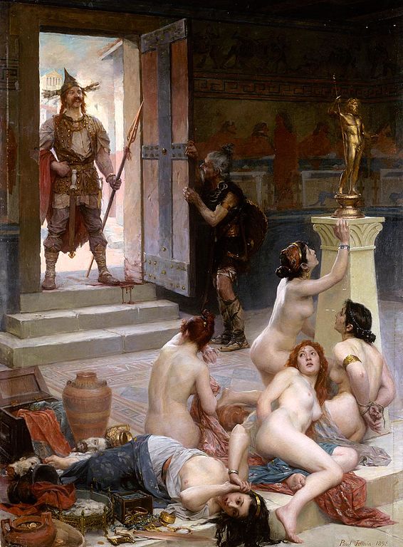 19th Century oil painting of a red-headed mustachioed Gaul with pointy helmet smirking as he looks upon the pile of booty before him, along with five  damsels in bondage. One woman is grasping the pedestal of a golden idol in the middle of the chamber, perhaps representing Jupiter.