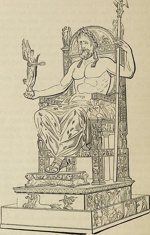 A line drawing of Phidias' colossus of Zeus, seated in a similar manner to Mercury Arvernus.