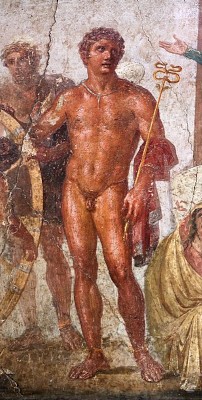 A beautifully detailed, full-color fresco of a tan, shining, muscular Mercury. He holds His caduceus and is looking over His shoulder with a serious expression. He looks more mature than the previous illustration, but is still beardless. He has brown curly hair and a red chlamys drapes behind him and over one forearm.