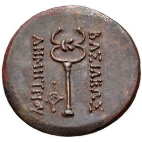 A smooth, round bronze coin with a cleanly rendered caduceus on it. The caduceus is an abstract rod with an oblong figure-8 perched on top. The figure-8 twists into an actual Hercules' knot in the middle, and is left open, with its round ends not meeting in a kiss. There is a Greek legend inscribed on either side.
