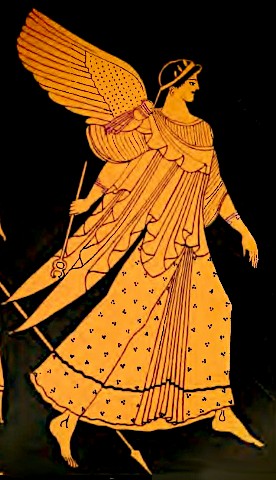 Closeup of red-figure vase art of the Goddess Iris flying forth, holding Her caduceus downards behind Her. She has large wings on Her back, wears an ornate dress and shawl, and a laurel on Her head