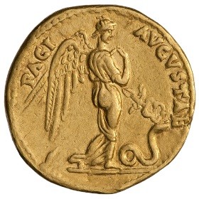 A gold roman coin with the winged Goddess Pax. Her back is three quarters away from the viewer, as She looks down over Her shoulder at a serpent on the ground that She touches with the caduceus She wields in Her left hand. The legend above says PACI AUGUSTAE.