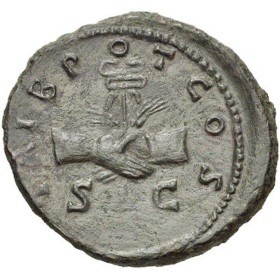A dull gray Roman coin with hands shaking in front of a caduceus and ears of grain. Letters in a circle around the image are partly worn off and unclear. What's visible looks like BPOTCOS around the top, and SC below.