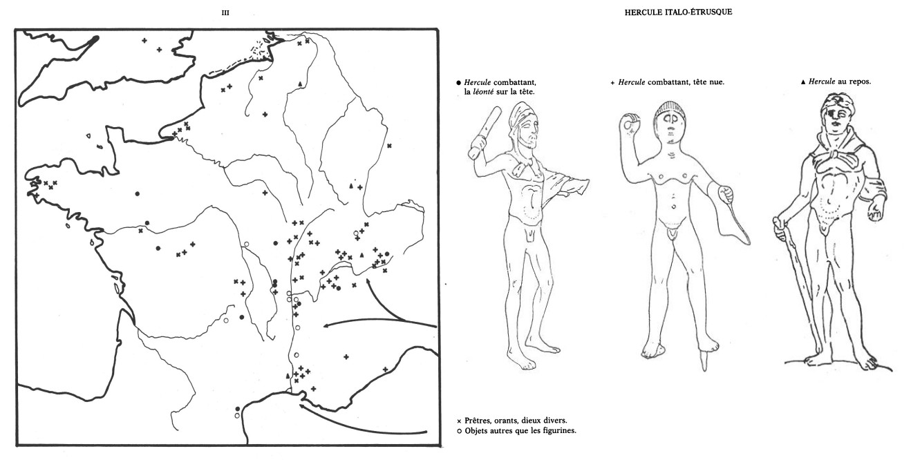 A map of Italo-Etruscan Hercules figurines found in Gaul. On the left is the black-and-white line map that marks symbols for each of the three types of figurines found. Most are plus signs clustered around the Rhône and Saône Rivers. A smaller number of plusses are distributed throughout North and Western France, as well as two found in Southern England. A smaller number of black circles and triangles are also intermingled with the plusses. To the right are line drawings of the three types of Hercules. The first one is shown by the dark circle and is a Hellenistic but rather slender looking Hercules holding a club over His head which is covered with a lion pelt. The middle is the plus sign. It is a more crude Etruscan style figurine with simple lines showing His hair, and circular, close-set eyeballs. He held a club up that is now missing, and a sheet that maybe represents a lion pelt is draped over His left forearm. His physique is not very detailed. The last figure is represented by the black triangle and shows a highly detailed Hellenistic Hercules. He is muscular with a lion's pelt tied in a bow around His neck, and is leaning on His club. The text labels read: Hercule Italo-Étrusque: Hercule combattant, la léonté sur la tête; Hercule combattant, tête nue; Hercule au repos.