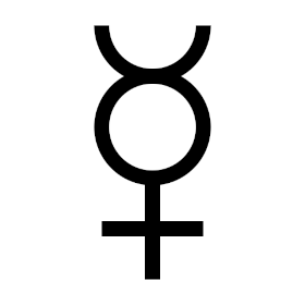 A plain black unicode character of the symbol for Mercury on a white background. The symbol is like a plus sign with a circle on top, and an upwards facing crescent above that.