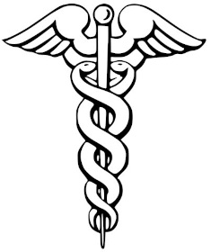 A simple black clipart of the modern caduceus, which shows a large pair of wings at the top of the staff and two snakes coiling beneath it in a double-helix down the rod.