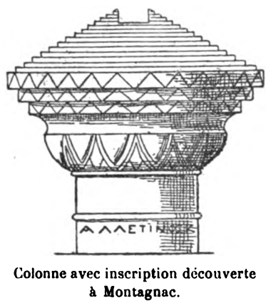A line drawing of the "column capital" that this inscription was made on. There is a short, round cippus that bears the writing, while the large capital, in the shape of a round step pyramid, takes up a majority of the height. The writing appears to be neat or refined Greek capitals. The pyramid does not culminate in a peak or point, but instead there is a square depression carved into the top.