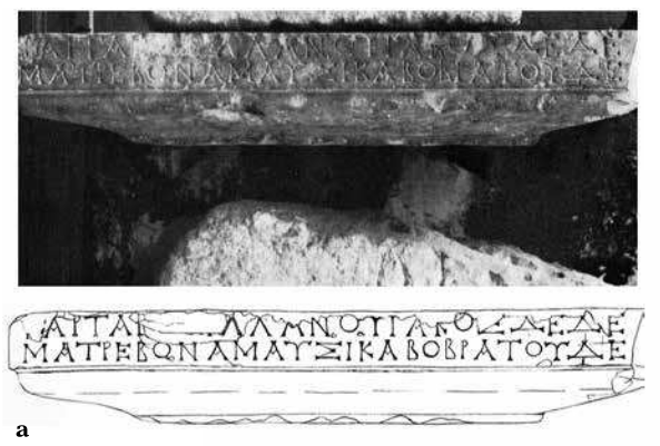 A grainy black and white photo of a low, flat capital that bears the votive to the Namausican Mothers, above a line drawing to show the inscription more clearly. The lettering is refined Greek capitals, and the capital itself is very wide and short, so it has enough room to fit the entire inscription on only two lines. The capital is plain, with no decoration.