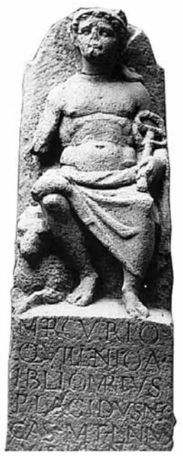 A black-and-white photo of the front of a votive to Mercurius Quillenius. The high relief sculpture is much better preserved than the low-relief one to Arvernus. It is also much narrower, only leaving just enough room to show the front-facing portrait of Mercury sitting in the same style as Jupiter on His throne. It is almost a mirror image of Arvernus altar, in terms of which leg the robe covers and the lying ram sits beside. The robe only covers Mercury's lap, leaving Him entirely bare from the hips up. He still holds His caduceus in the left hand while His right arm has broken off. There is no sign of a rooster, and it appears the wings on His hat have fallen off. The base reads: Mercurio Quillenio Aulus Ibliomarius Placidus negotiator castello Mattiacorum lanius VSLLM.