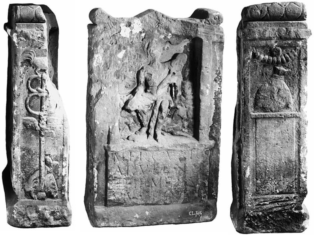 Three black-and-white photos of a Mercurius Arvernus altar showing its front and sides. The aedicule on the front shows a highly damaged, front-facing portrait of Mercury seated on an irregularly shaped rock. The god wears a hip cloak that leaves his left leg uncovered from the knee down and falls to the ground over his lower right leg. The cloak seems to wrap over his left shoulder. The winged serpent's staff rests in his left arm, the outstretched right hand holds the money bag. Behind the god's left leg lies a ram with outstretched forelegs, and a tortoise is crawling in front of his right foot. To the right of the deity's head is a rooster standing on an originally painted pillar or column. The altar's sides have reliefs of typical Mercury attributes: on the right a rooster on a caduceus, on the bottom a filled bag; on the left another bag on a pedestal, above it ring-shaped objects (punched coins?) drawn on a thread.